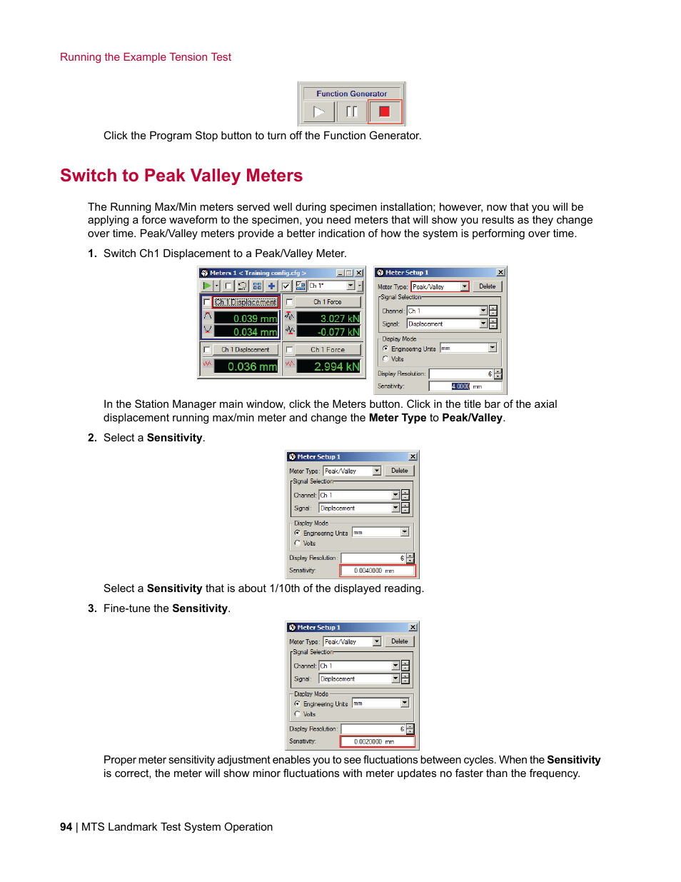 Switch to peak valley meters | MTS Landmark TWX User Manual | Page 94 / 162