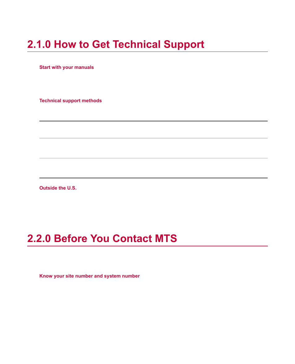 0 how to get technical support, 0 before you contact mts, How to get technical support | Before you contact mts | MTS Material Test Systems User Manual | Page 10 / 80