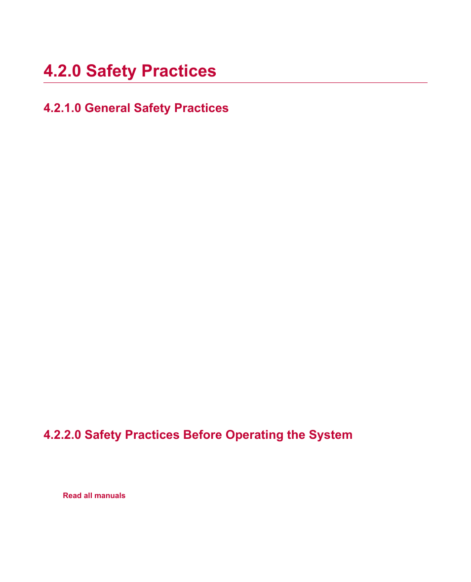 0 safety practices, 0 general safety practices, 0 safety practices before operating the system | MTS Material Test Systems User Manual | Page 27 / 80