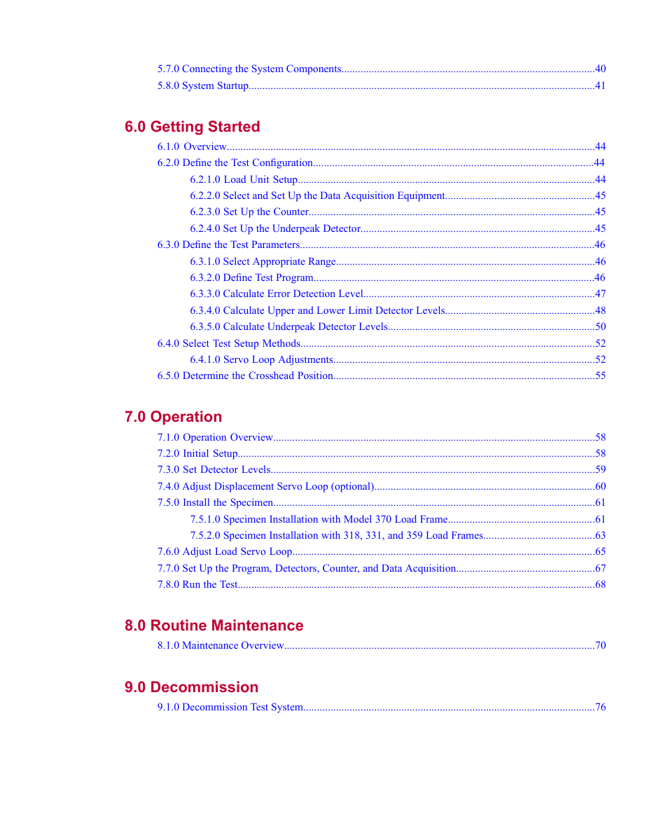 0 getting started 43, 0 operation 57, 0 routine maintenance 69 | 0 decommission 75 | MTS Material Test Systems User Manual | Page 4 / 80