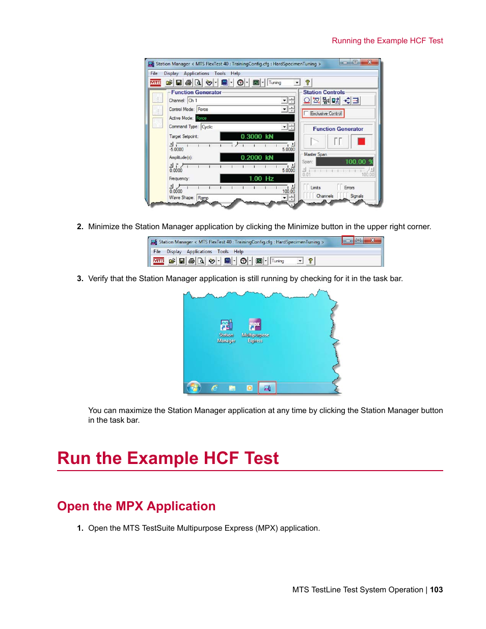 Run the example hcf test, Open the mpx application | MTS TestLine User Manual | Page 103 / 132