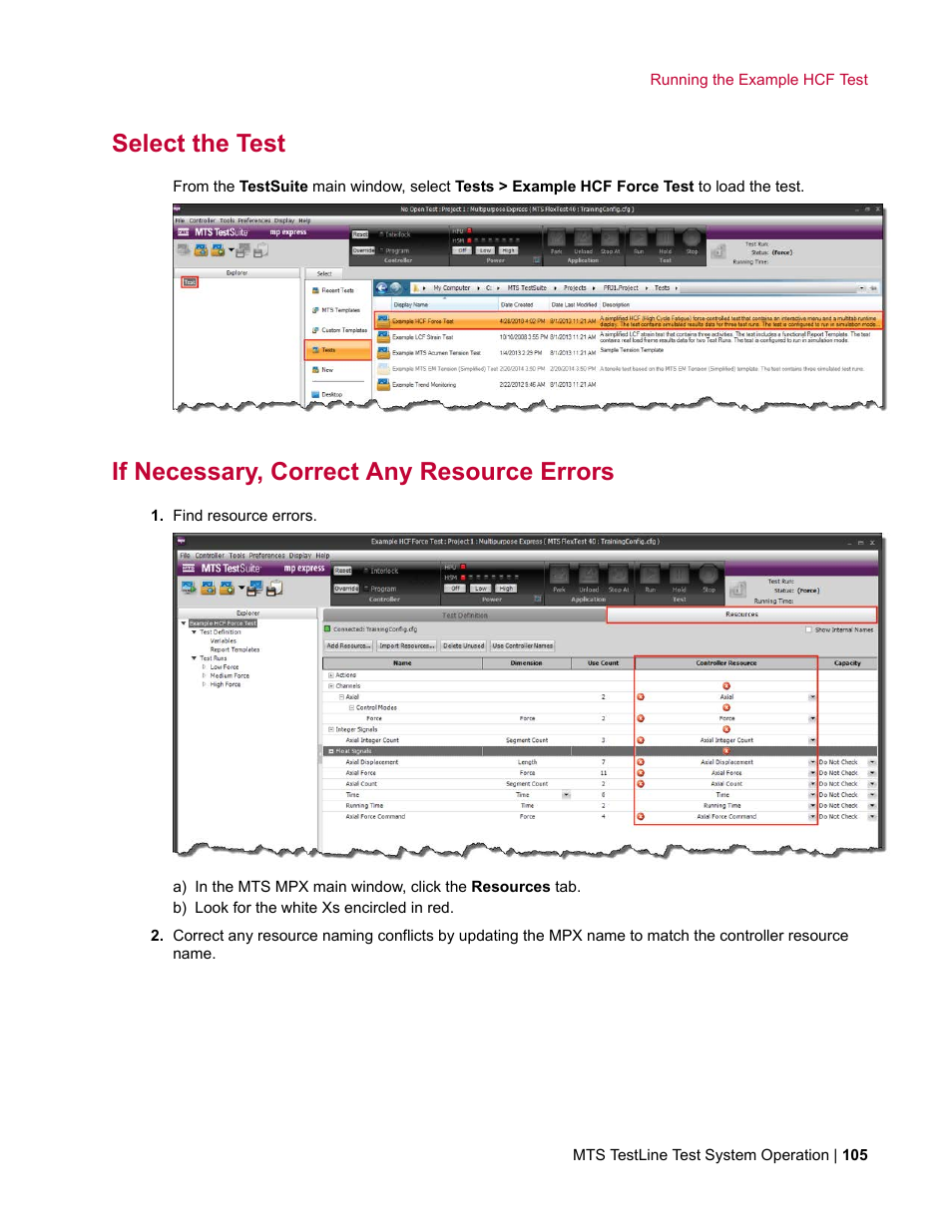 Select the test, If necessary, correct any resource errors | MTS TestLine User Manual | Page 105 / 132