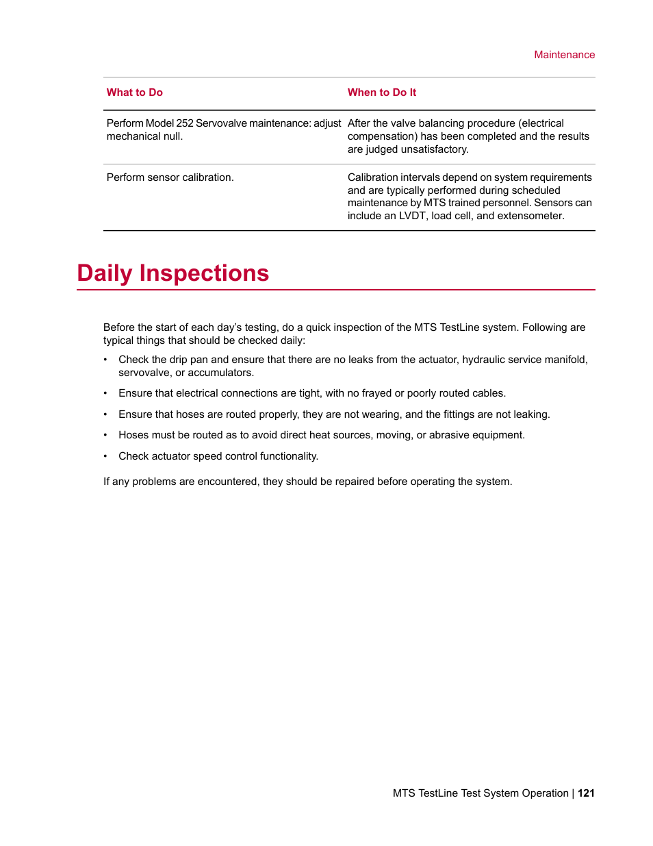 Daily inspections | MTS TestLine User Manual | Page 121 / 132