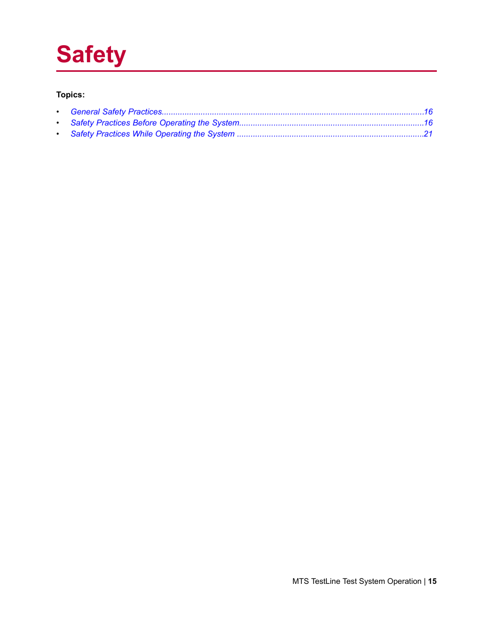 Safety | MTS TestLine User Manual | Page 15 / 132