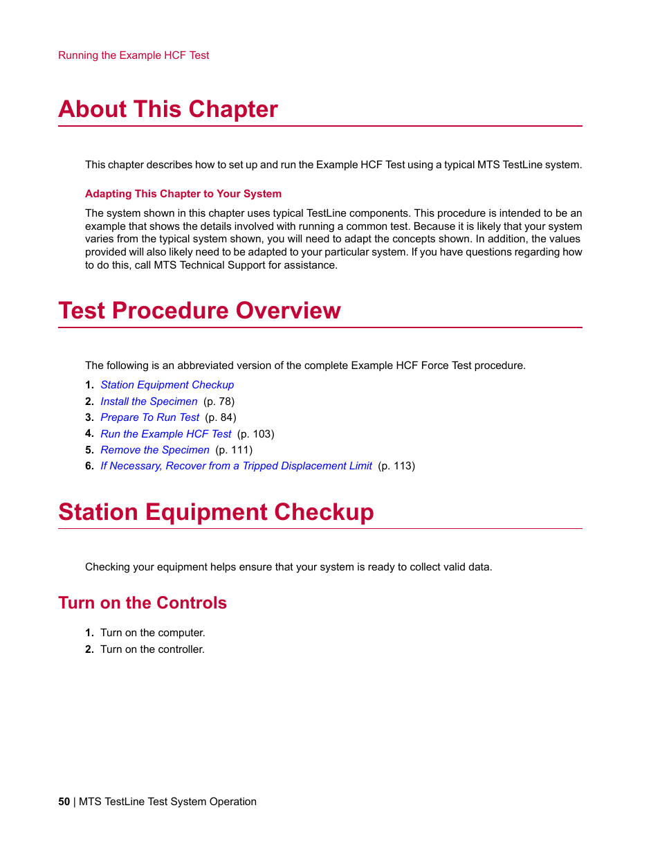 About this chapter, Test procedure overview, Station equipment checkup | Turn on the controls | MTS TestLine User Manual | Page 50 / 132