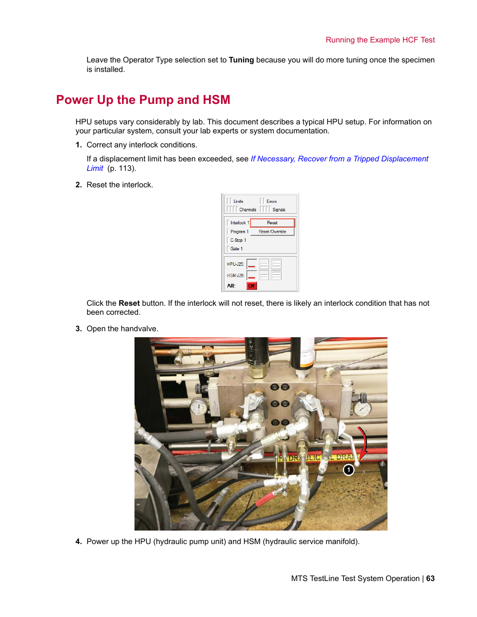 Power up the pump and hsm | MTS TestLine User Manual | Page 63 / 132