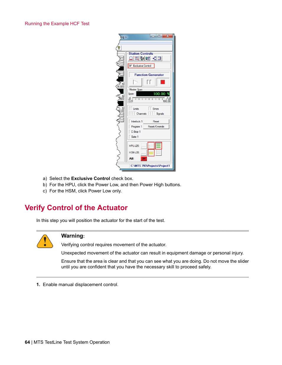 Verify control of the actuator | MTS TestLine User Manual | Page 64 / 132