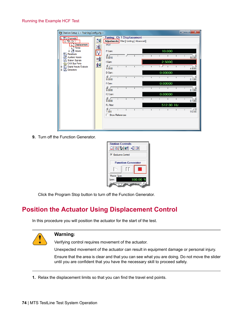 Position the actuator using displacement control | MTS TestLine User Manual | Page 74 / 132