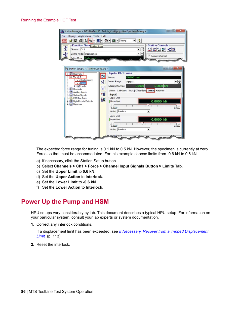 Power up the pump and hsm | MTS TestLine User Manual | Page 86 / 132