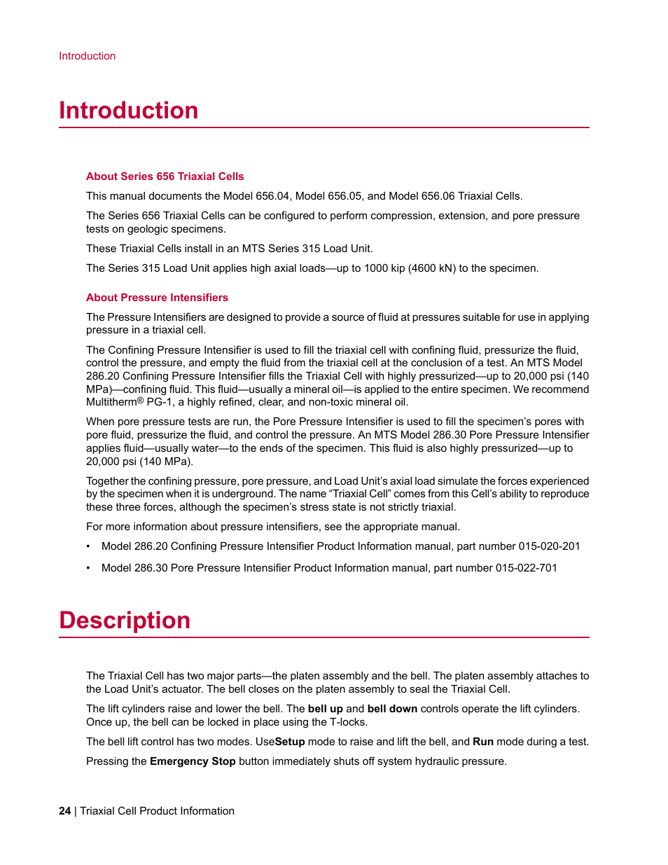 Introduction, Description | MTS Triaxial Cell Models 656-06 User Manual | Page 24 / 86