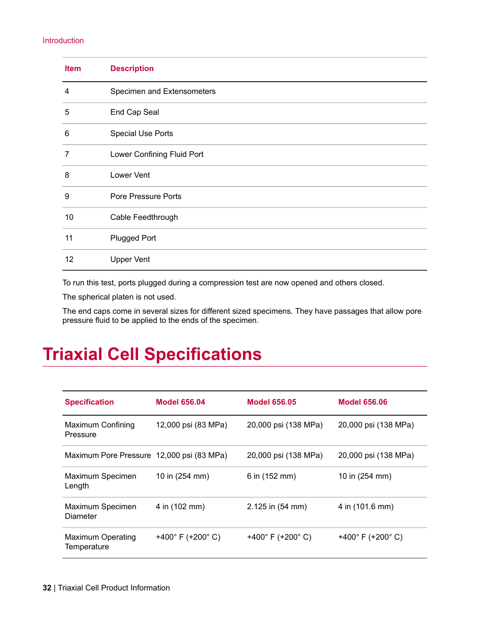 Triaxial cell specifications | MTS Triaxial Cell Models 656-06 User Manual | Page 32 / 86