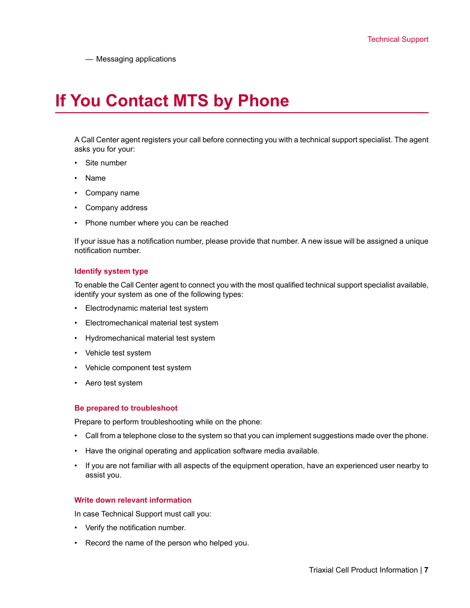 If you contact mts by phone | MTS Triaxial Cell Models 656-06 User Manual | Page 7 / 86