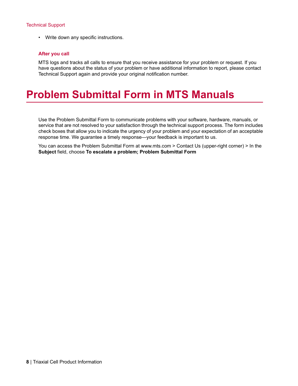 Problem submittal form in mts manuals | MTS Triaxial Cell Models 656-06 User Manual | Page 8 / 86