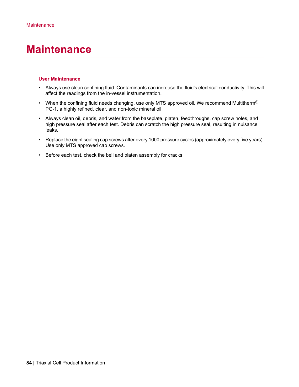 Maintenance | MTS Triaxial Cell Models 656-06 User Manual | Page 84 / 86