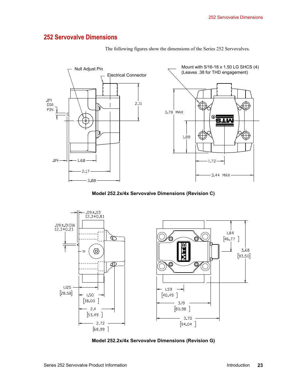 252 servovalve dimensions, 252 servovalve dimensions 23 | MTS Series 252 Servovalves User Manual | Page 23 / 42