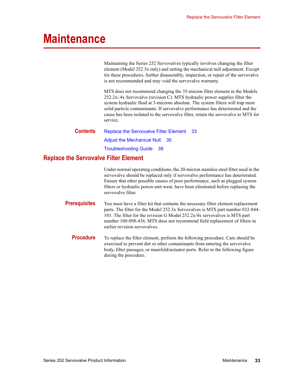 Maintenance, Replace the servovalve filter element, Maintenance 33 | Replace the servovalve filter element 33 | MTS Series 252 Servovalves User Manual | Page 33 / 42