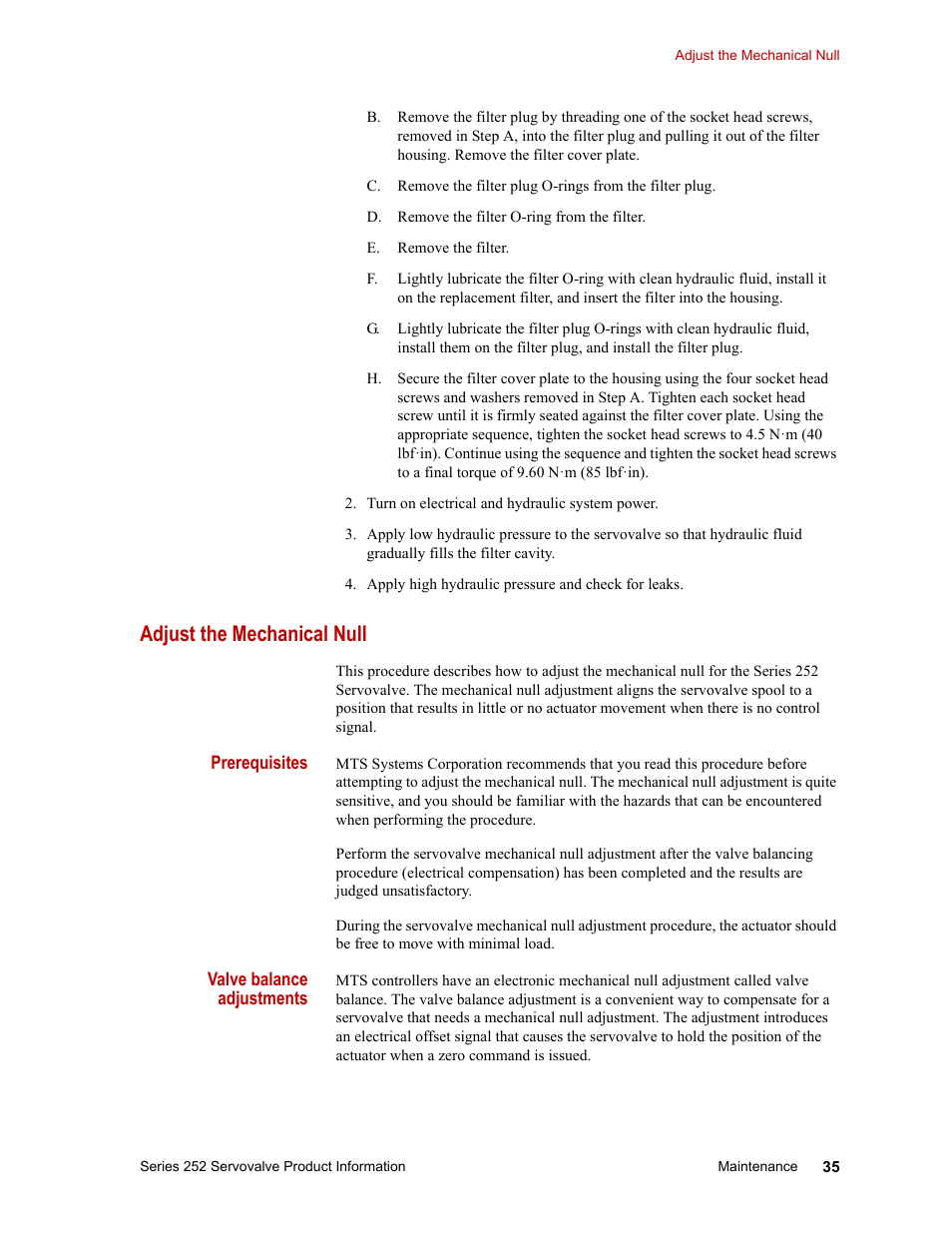 Adjust the mechanical null, Adjust the mechanical null 35 | MTS Series 252 Servovalves User Manual | Page 35 / 42