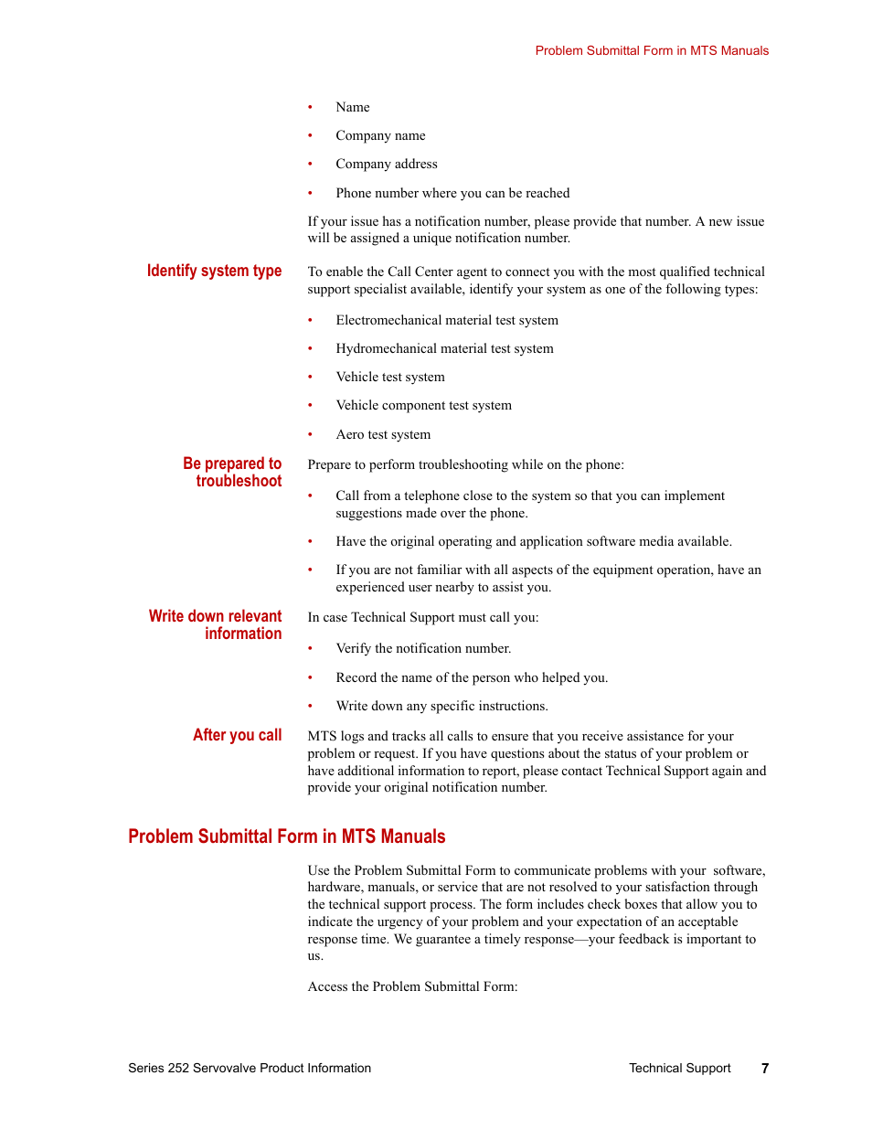 Problem submittal form in mts manuals, Problem submittal form in mts manuals 7 | MTS Series 252 Servovalves User Manual | Page 7 / 42