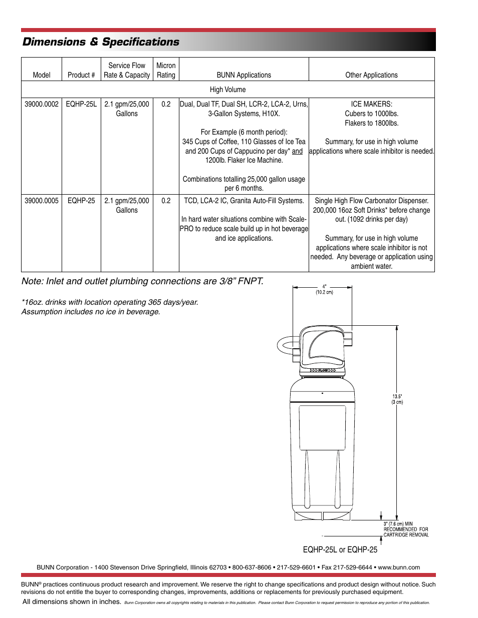 Dimensions & speciﬁcations | Bunn WATER QUALITY SYSTEM EQHP-25 User Manual | Page 2 / 2