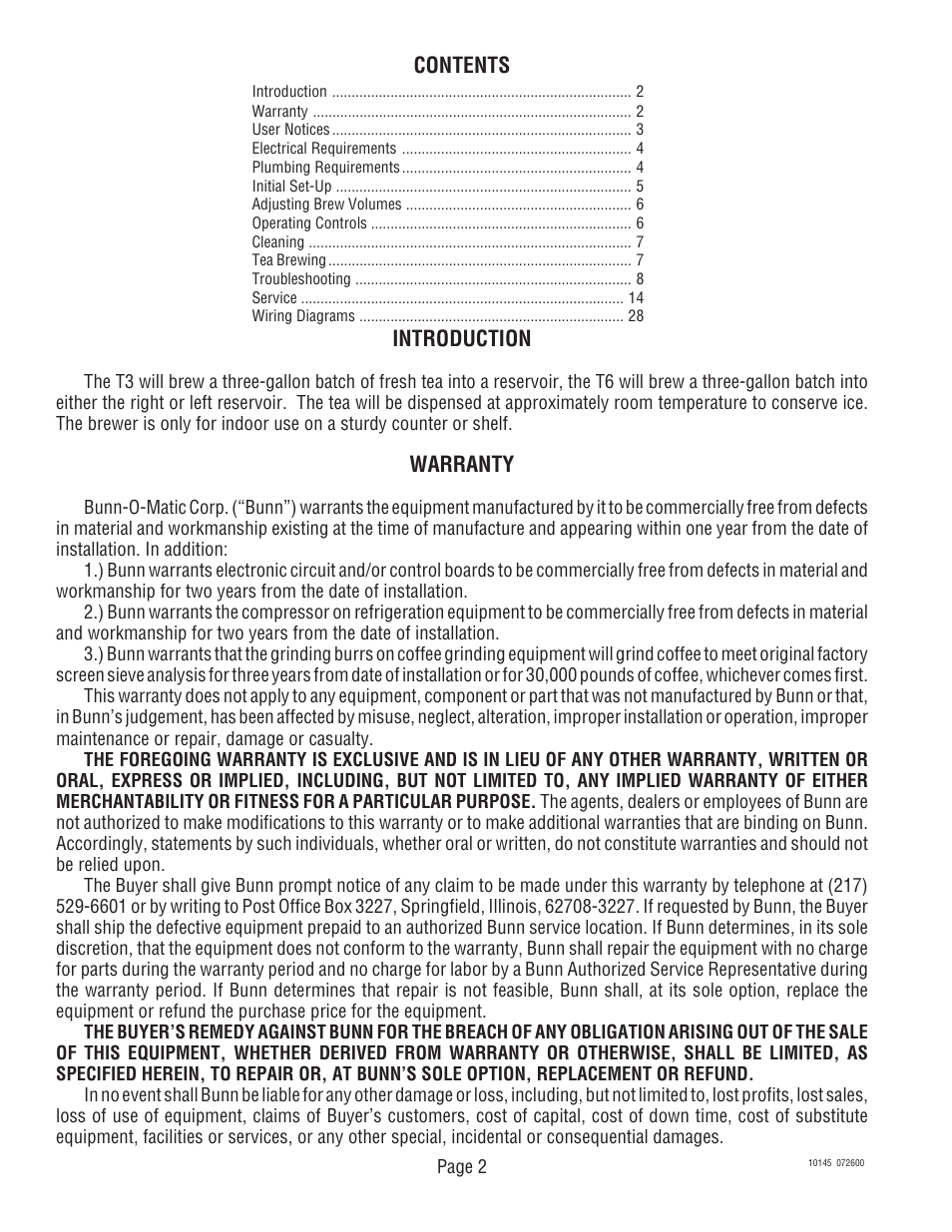 Bunn T6A User Manual | Page 2 / 30