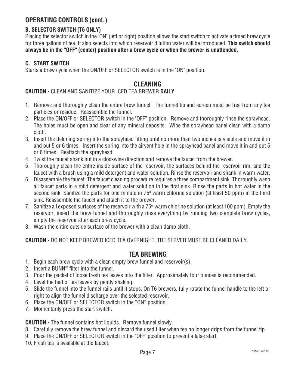 Cleaning, Tea brewing, Operating controls (cont.) | Bunn T6A User Manual | Page 7 / 30