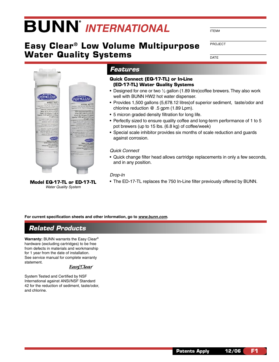Bunn EASY CLEAR ED-17-TL User Manual | 2 pages