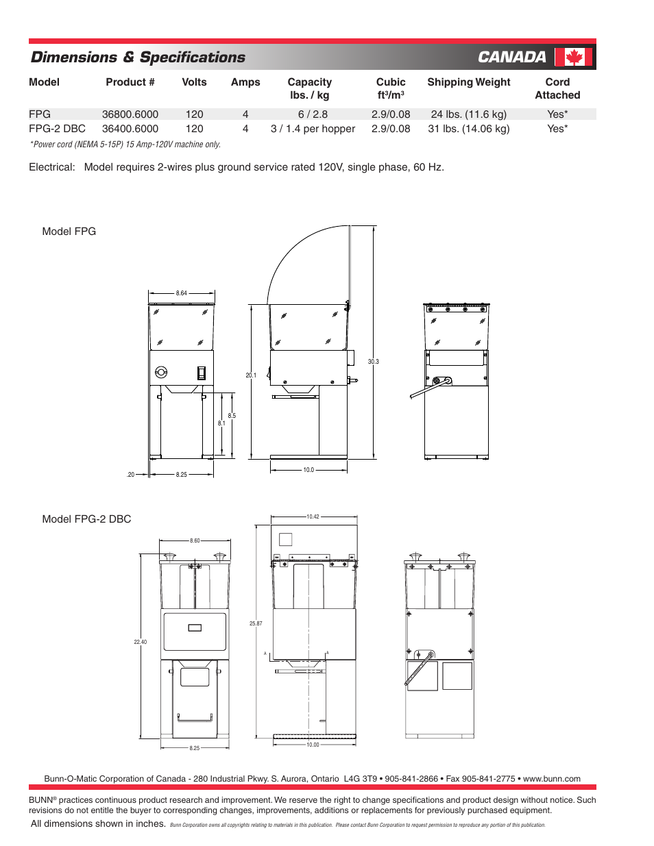 Dimensions & specifications, Canada | Bunn FRENCH PRESS FPG-2 DBC User Manual | Page 2 / 2