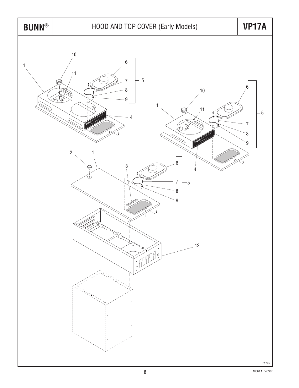 Bunn, Vp17a, Hood and top cover (early models) | Bunn VP17A User Manual | Page 8 / 24