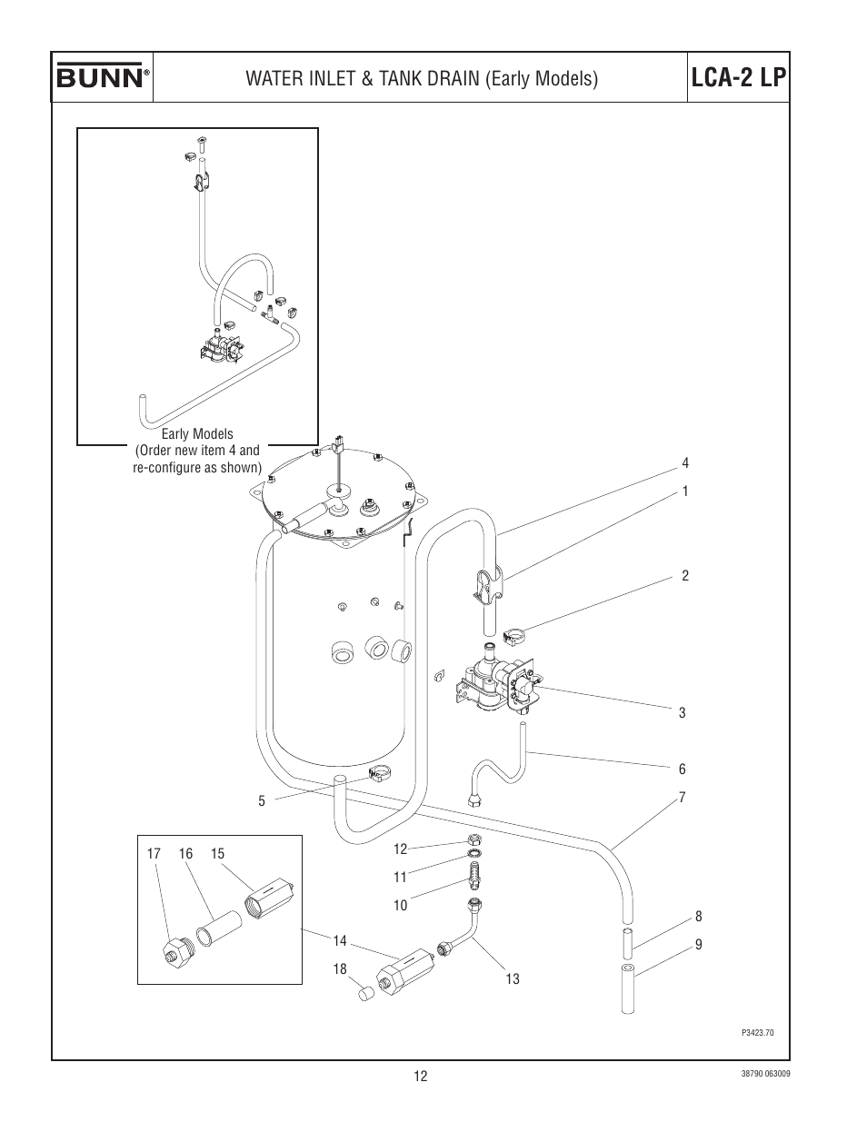 Lca-2 lp, Water inlet & tank drain (early models) | Bunn LCA-2 User Manual | Page 12 / 22
