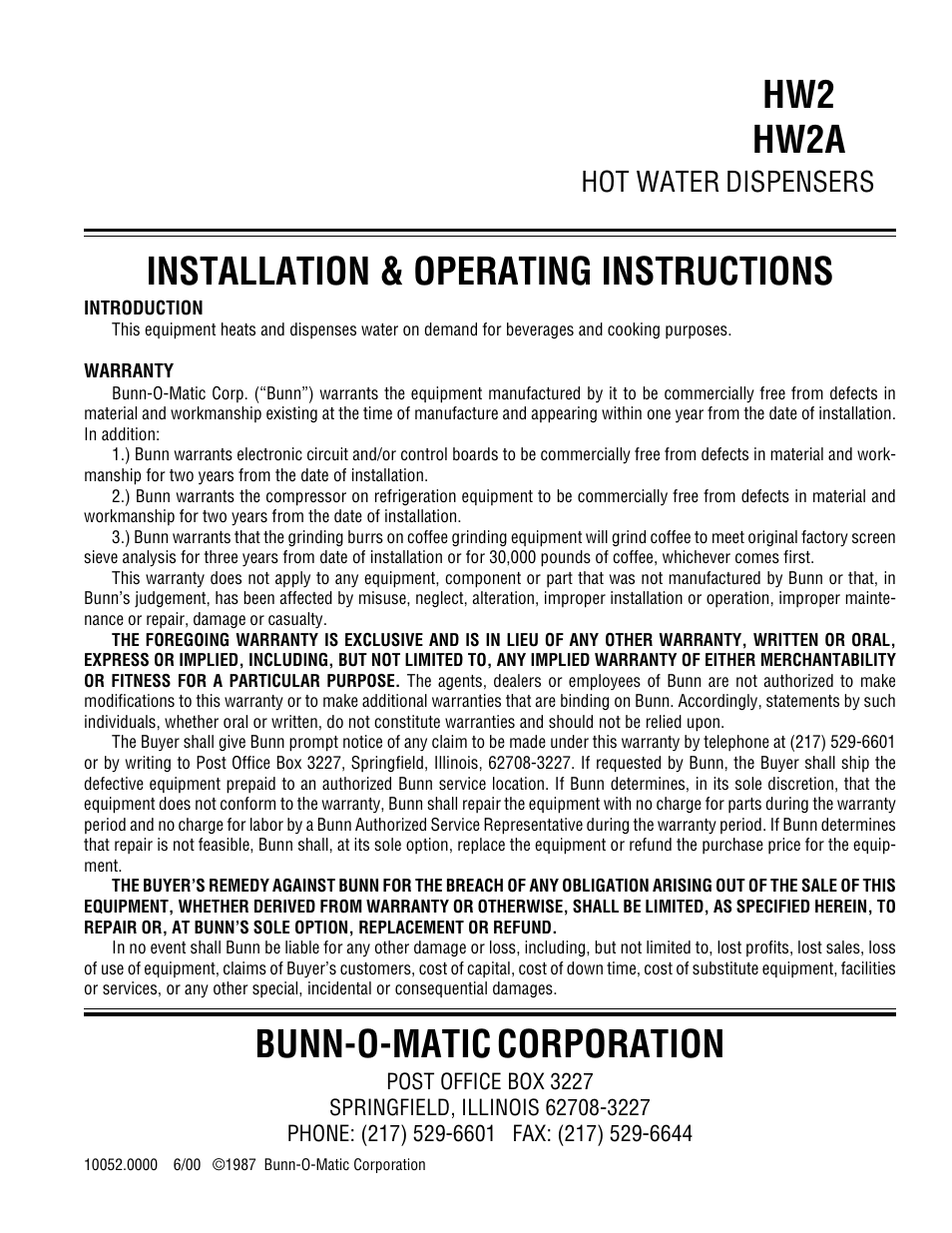 Bunn HW2A User Manual | 4 pages