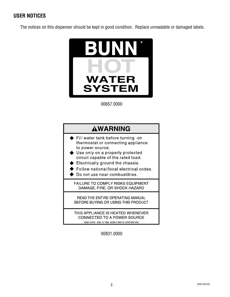 User notices | Bunn HW2A User Manual | Page 2 / 4