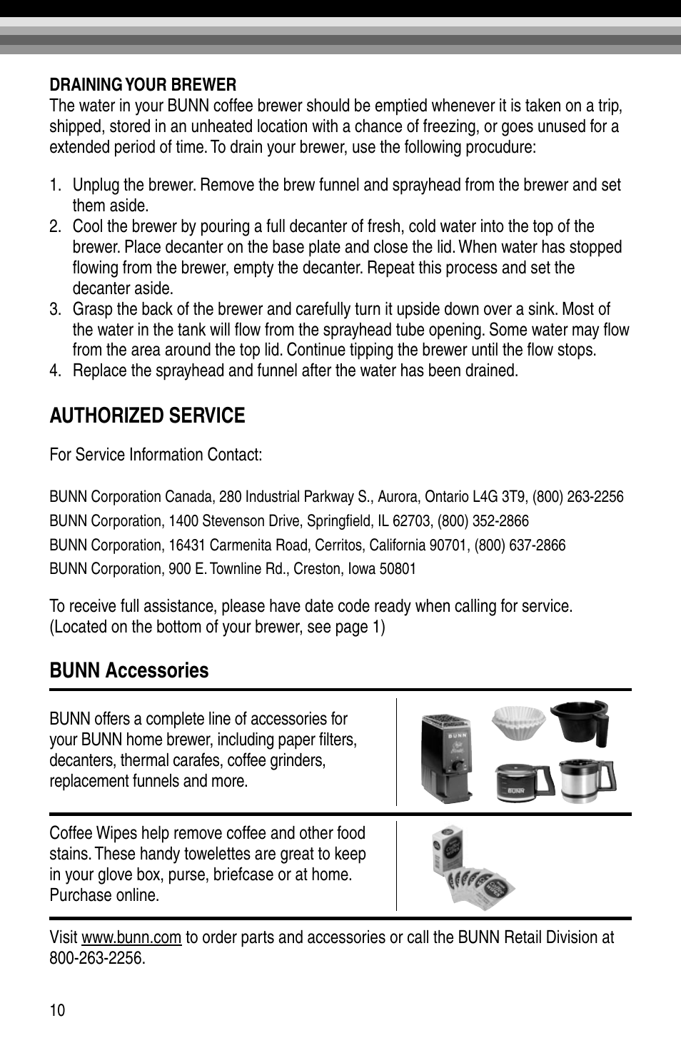 Authorized service, Bunn accessories | Bunn GRX-W  EN User Manual | Page 12 / 15