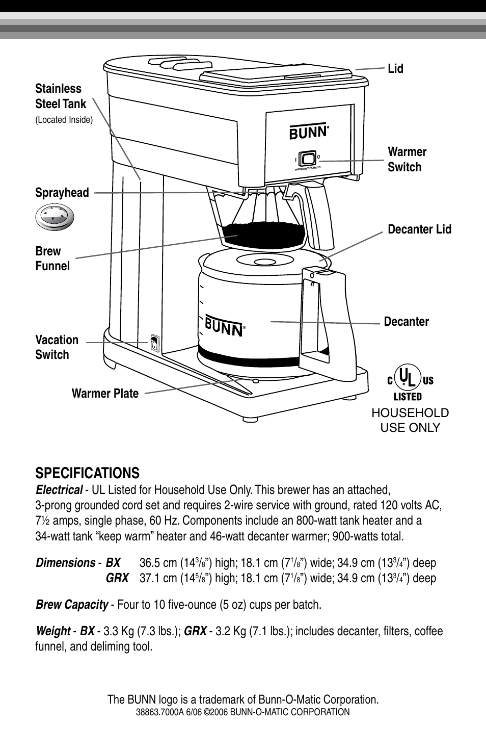 Specifications, High; 18.1 cm (7, Sprayhead brew funnel vacation switch decanter | Warmer plate | Bunn GRX-W  EN User Manual | Page 2 / 15
