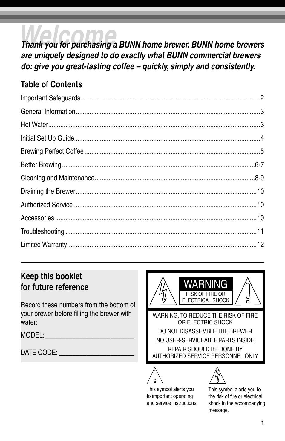 Welcome, Warning, Keep this booklet for future reference | Bunn GRX-W  EN User Manual | Page 3 / 15