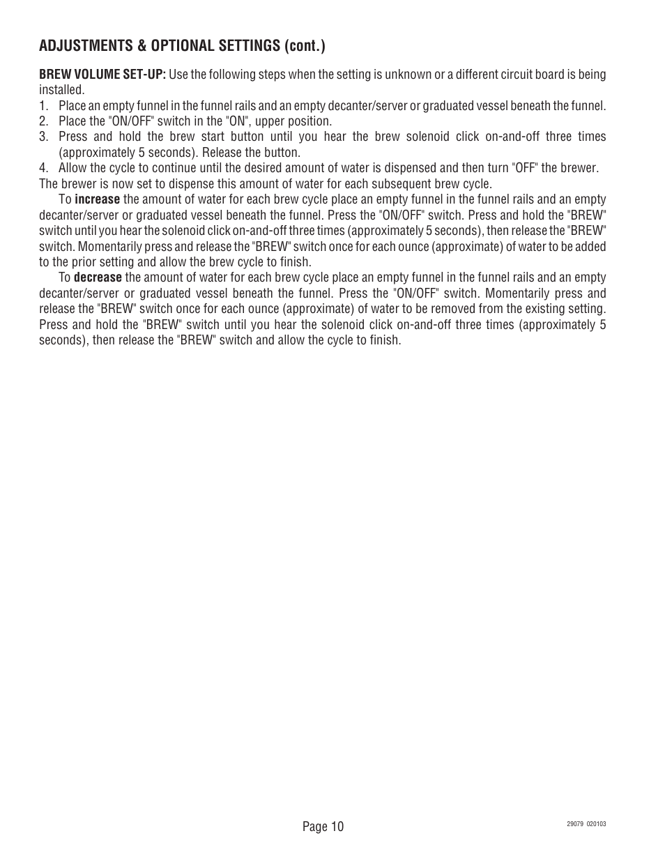 Adjustments & optional settings (cont.) | Bunn CDBCF CDBCP User Manual | Page 10 / 36