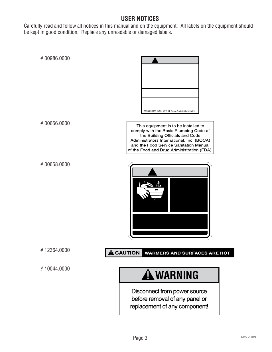 Warning, User notices, Page 3 | Bunn CDBCF CDBCP User Manual | Page 3 / 36