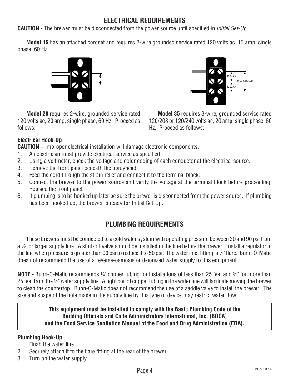 Electrical requirements, Plumbing requirements, Initial set-up | Bunn CDBCF CDBCP User Manual | Page 4 / 36