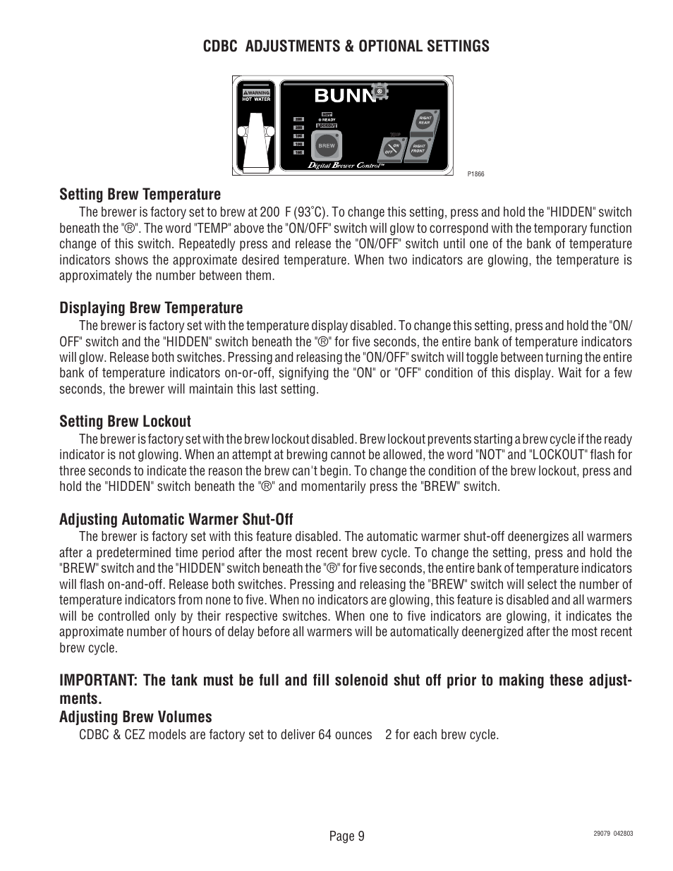 Cdbc adjustments & optional settings, Setting brew temperature, Displaying brew temperature | Setting brew lockout, Adjusting automatic warmer shut-off | Bunn CDBCF CDBCP User Manual | Page 9 / 36
