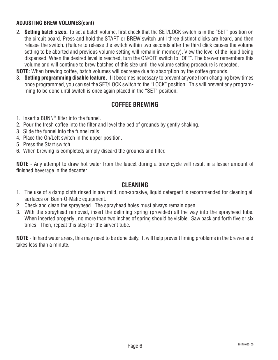 Coffee brewing, Cleaning | Bunn VLPF User Manual | Page 6 / 28
