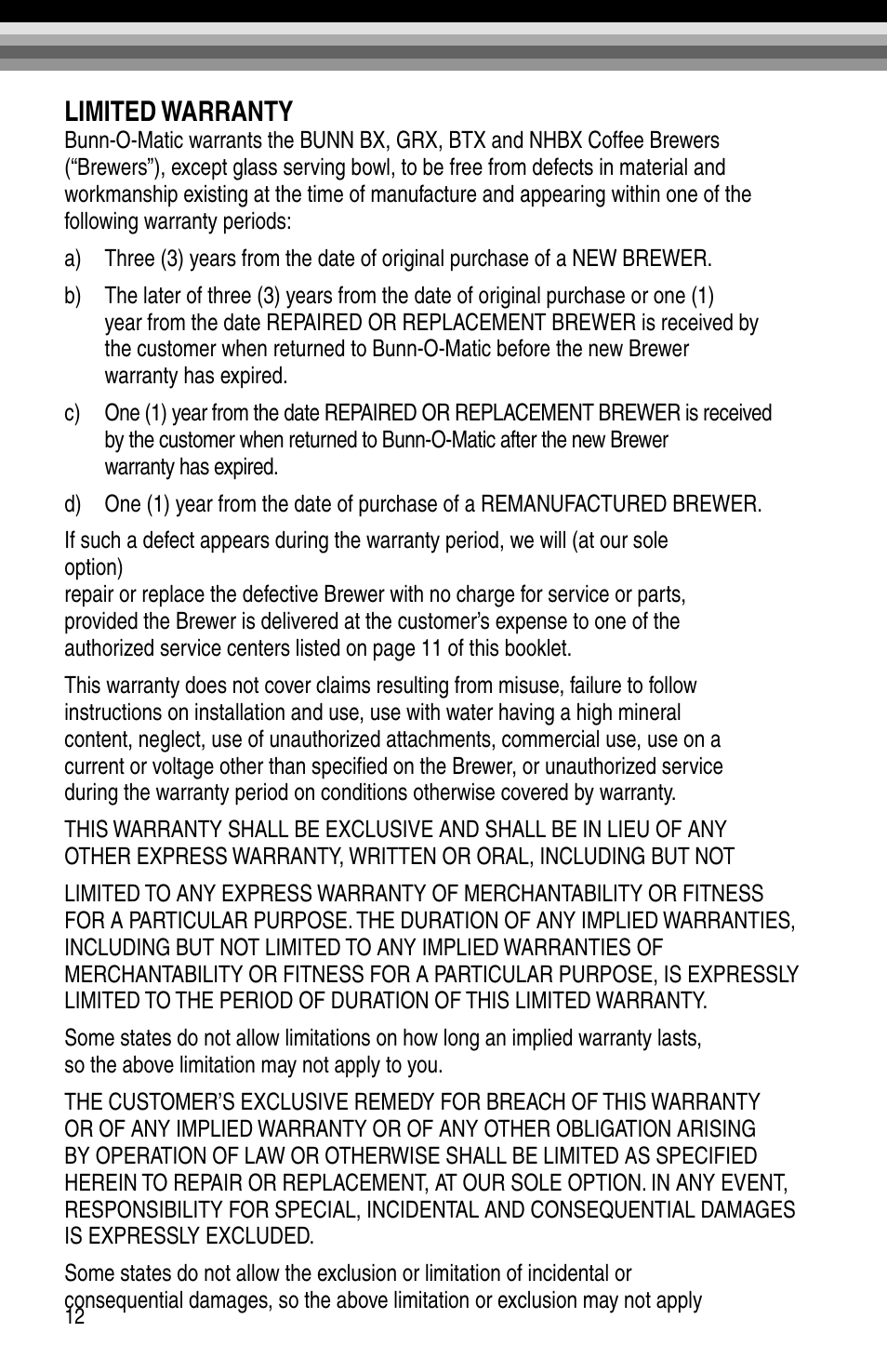 Limited warranty | Bunn BX-B User Manual | Page 14 / 16