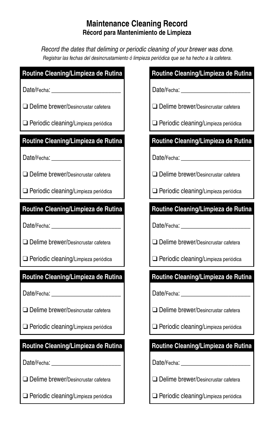 Maintenance cleaning record | Bunn BX-B User Manual | Page 15 / 16