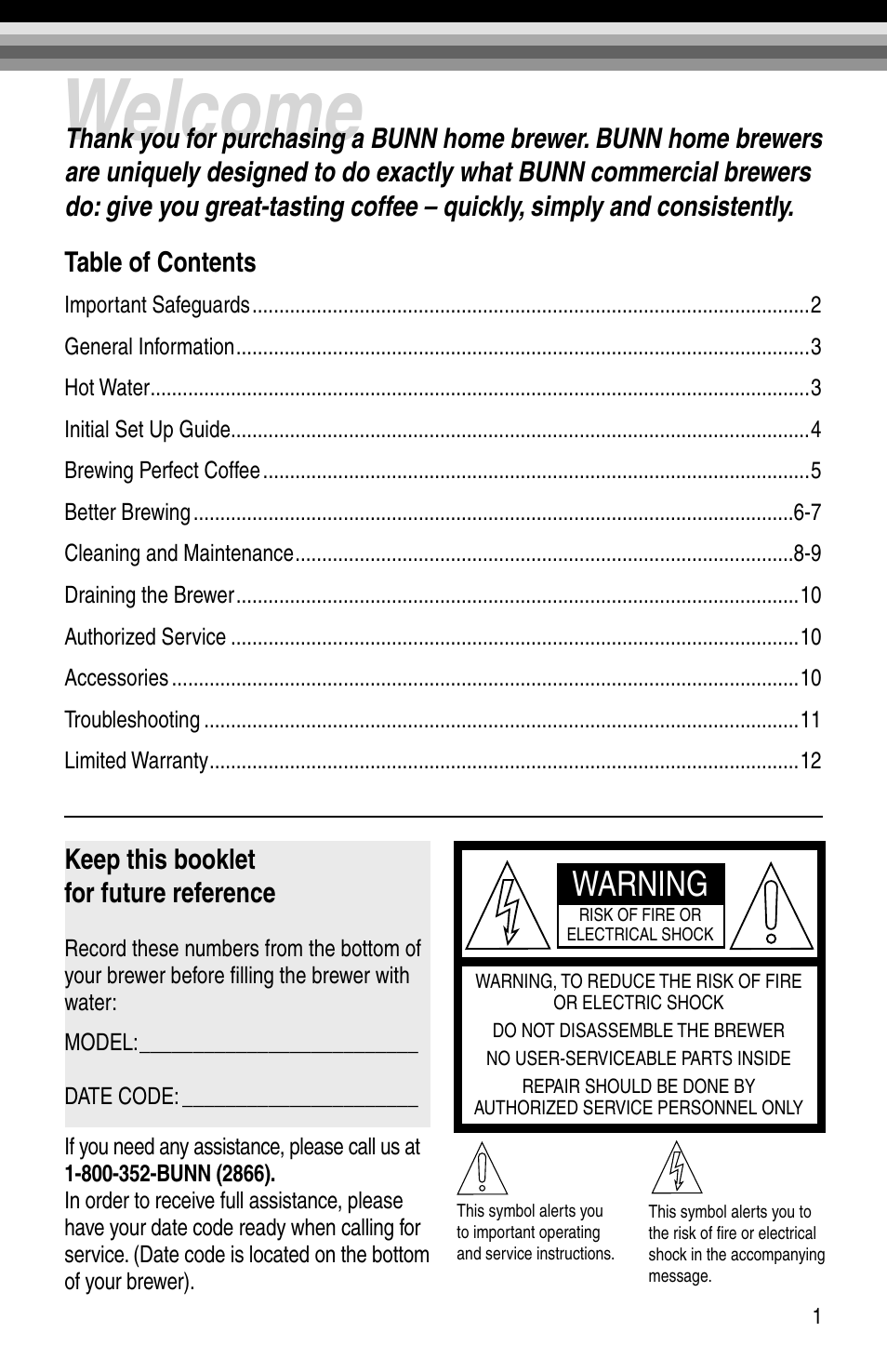 Welcome, Warning, Keep this booklet for future reference | Bunn BX-B User Manual | Page 3 / 16