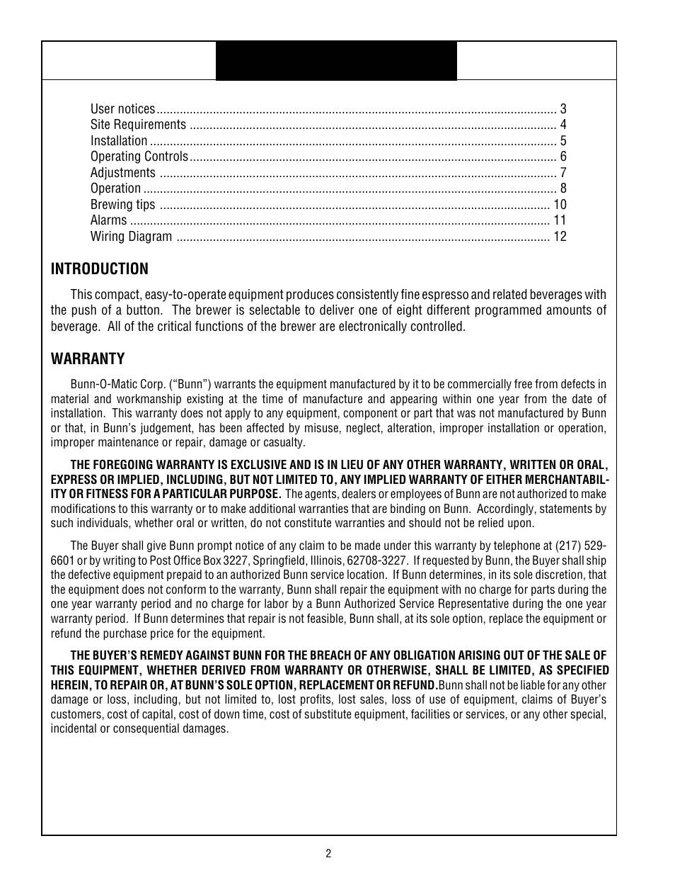 Bunn espress® model es•1af, Warranty | Bunn ESPRESS ES.1AF User Manual | Page 2 / 12