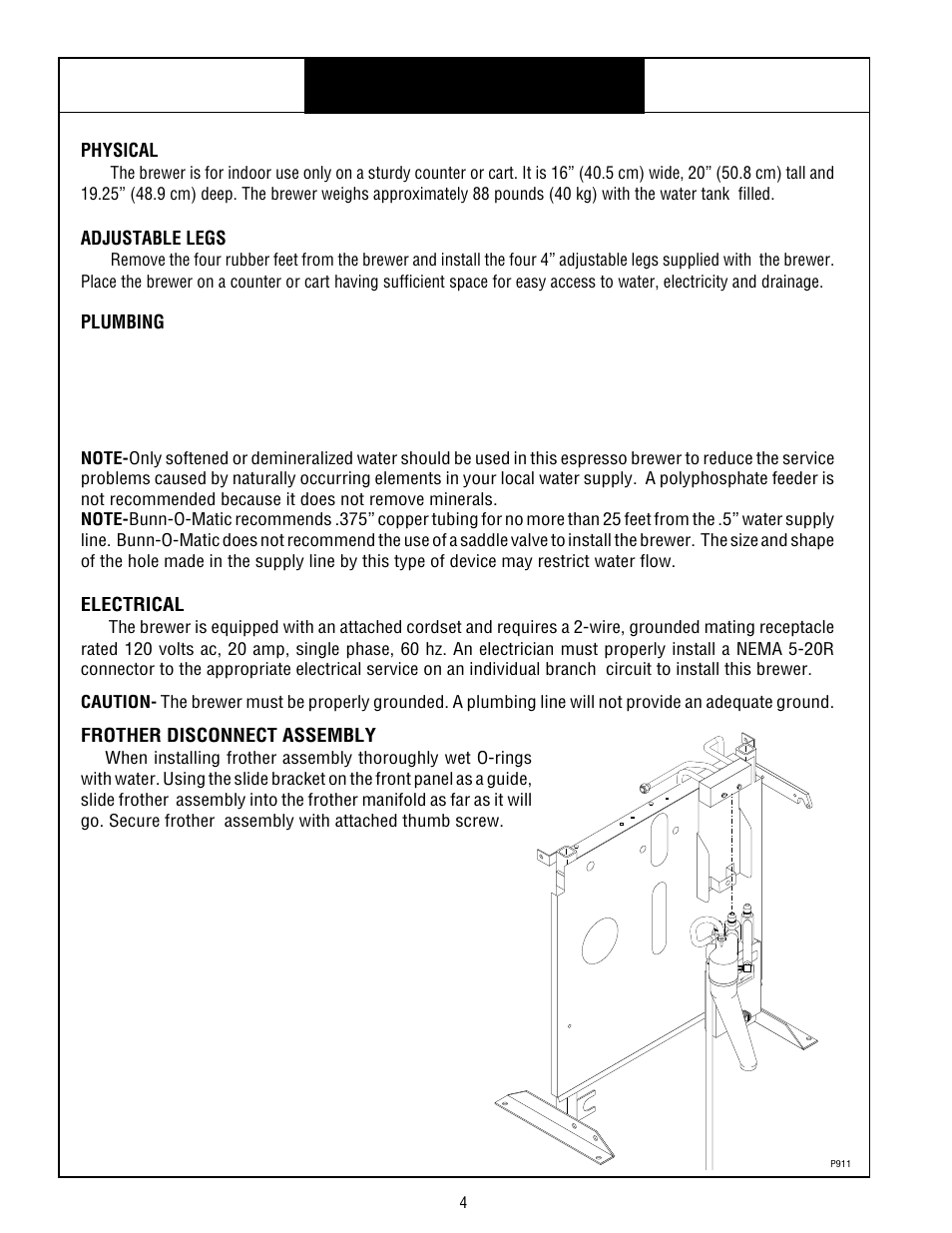 Bunn espress® model es•1af, Site requirements, Physical | Adjustable legs, Plumbing, Electrical, Frother disconnect assembly | Bunn ESPRESS ES.1AF User Manual | Page 4 / 12