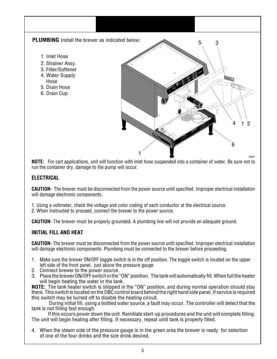 Bunn espress® model es•1af, Installation, Electrical | Initial fill and heat, 6plumbing | Bunn ESPRESS ES.1AF User Manual | Page 5 / 12