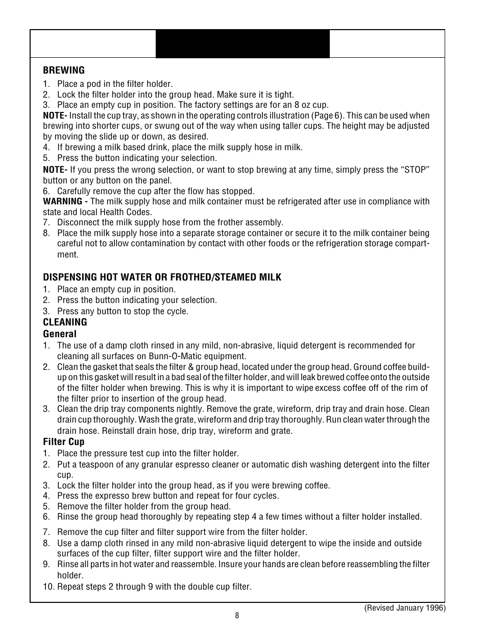 Bunn espress® model es•1af, Operation | Bunn ESPRESS ES.1AF User Manual | Page 8 / 12