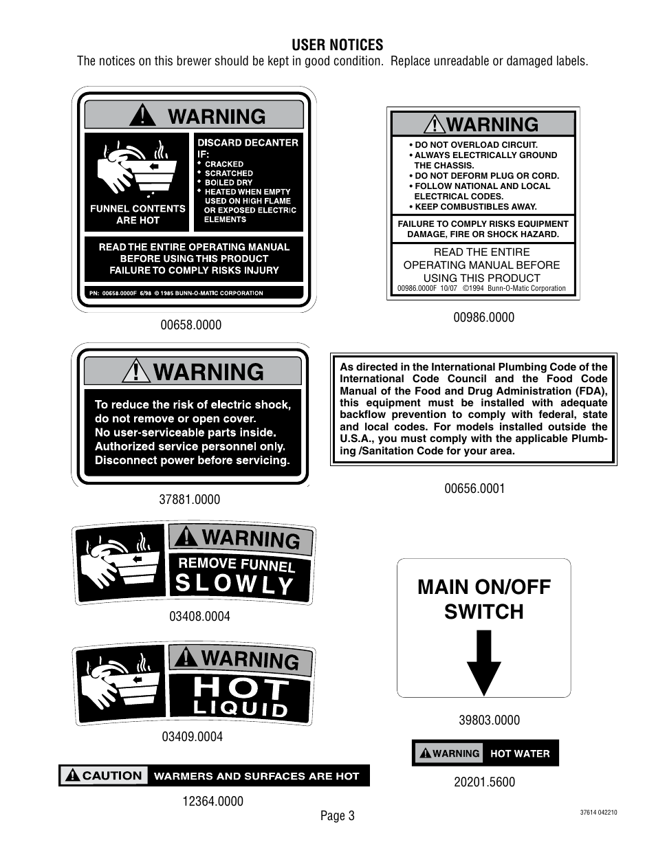 Main on/off switch, Warning, User notices | Bunn 37614 041410 User Manual | Page 3 / 7