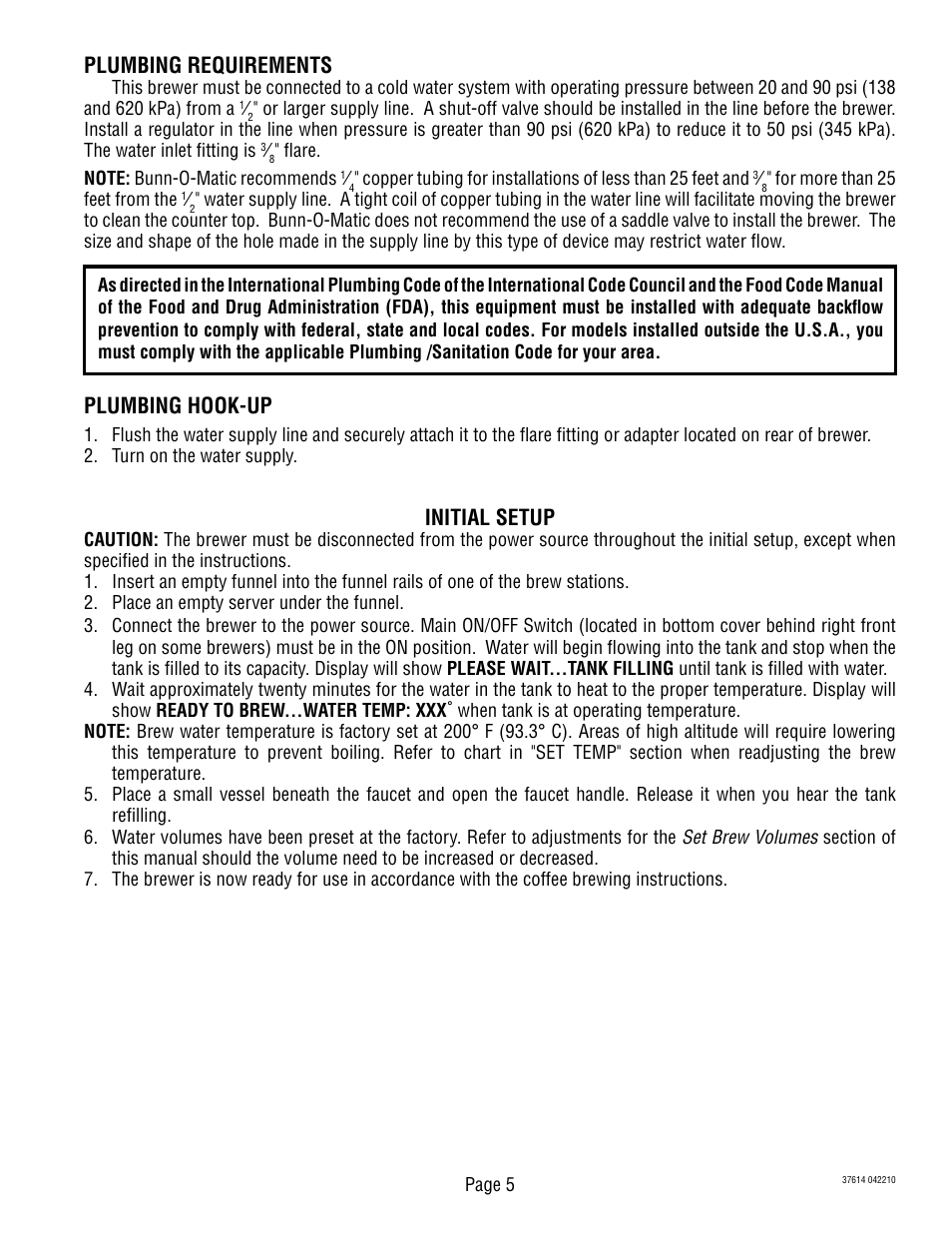 Plumbing requirements, Plumbing hook-up, Initial setup | Bunn 37614 041410 User Manual | Page 5 / 7