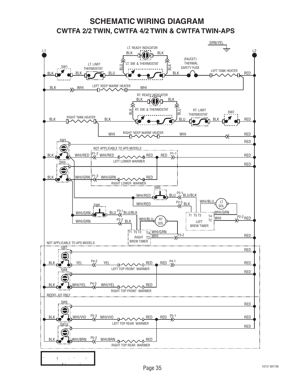 Schematic wiring diagram, Cwtfa 2/2 twin, cwtfa 4/2 twin & cwtfa twin-aps, Page 35 | 230 volts ac 2 wire single phase | Bunn CWT TWIN User Manual | Page 35 / 35