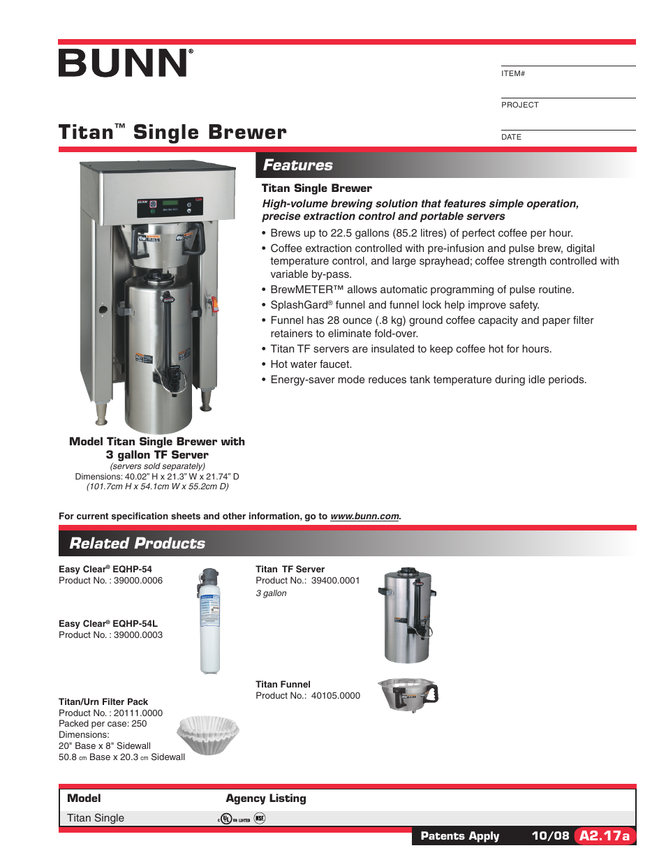 Bunn Titan Single Brewer User Manual | 2 pages